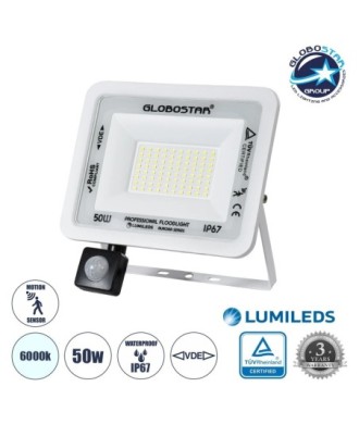 GLOBOSTAR® AURORA 61442 Προβολέας με Ανιχνευτή PIR - Αισθητήρα Κίνησης LED 50W 6250lm 120° AC 220-240V Αδιάβροχο IP67 Ψυχρό Λευκό 6000K - Lumileds SMD Chip - TÜV Rheinland Certified - Λευκό Ματ - Μ21 x Π5 x Υ21cm - 3 Χρόνια Εγγύηση